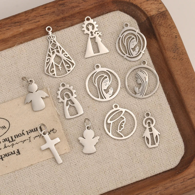 5Pcs Stainless Steel Angel Pendant Charms for Jewelry Making - Catholic Religious Craft Supplies