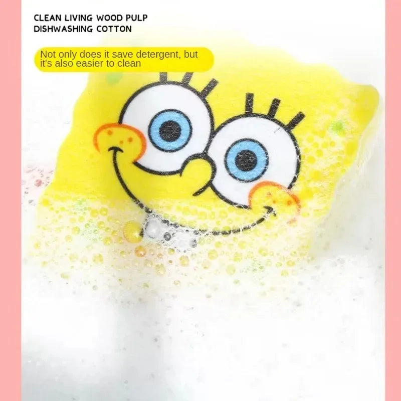 Cute Cartoon SpongeBob Dishwashing Sponge Set - Reusable Kitchen Cleaning Brush