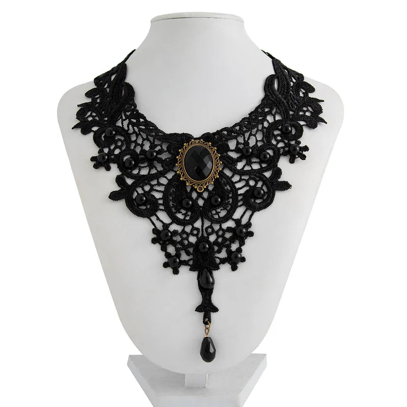 Vintage Black Lace Bead Necklace Gothic Steampunk Style Pendant Collar