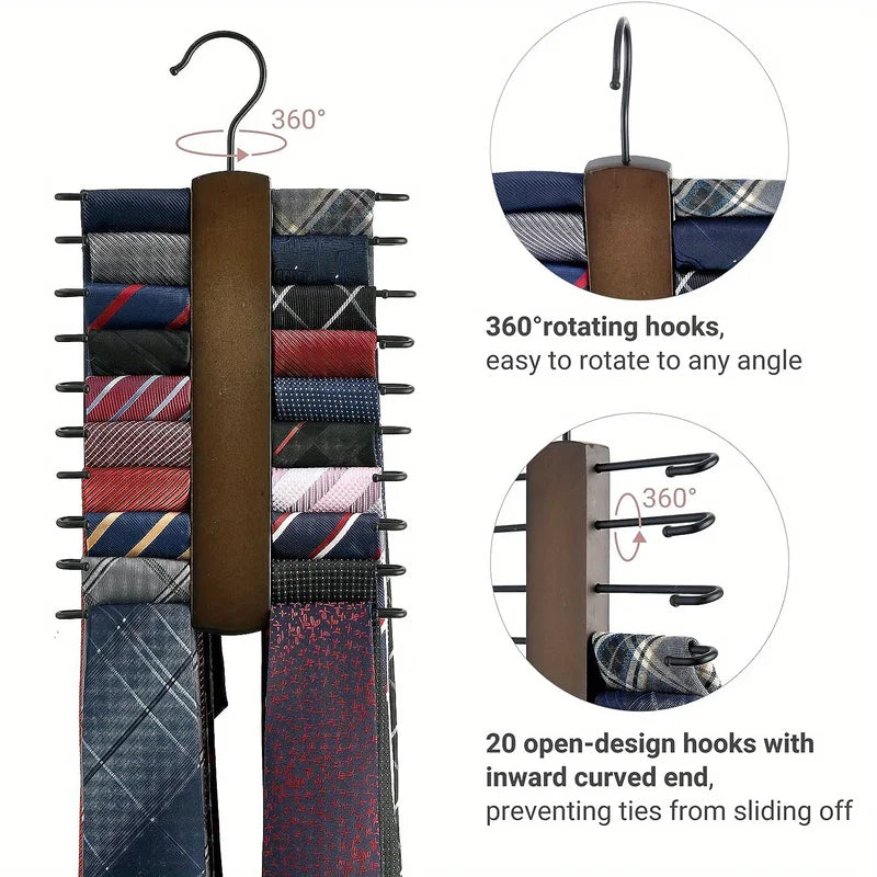 Wooden Tie Storage Rack with 360° Rotation and Anti-Slip Grooves - Space-Saving Closet Organizer