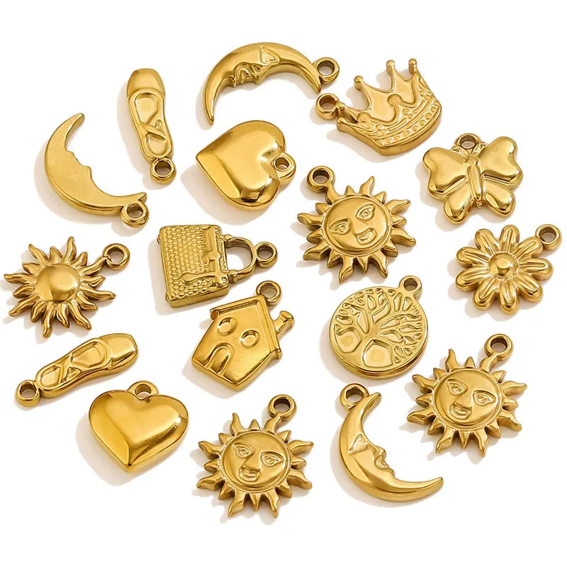 10pcs Stainless Steel Charms for Jewelry Making - Sun Moon Flower Pendants, Gold & Silver Plated