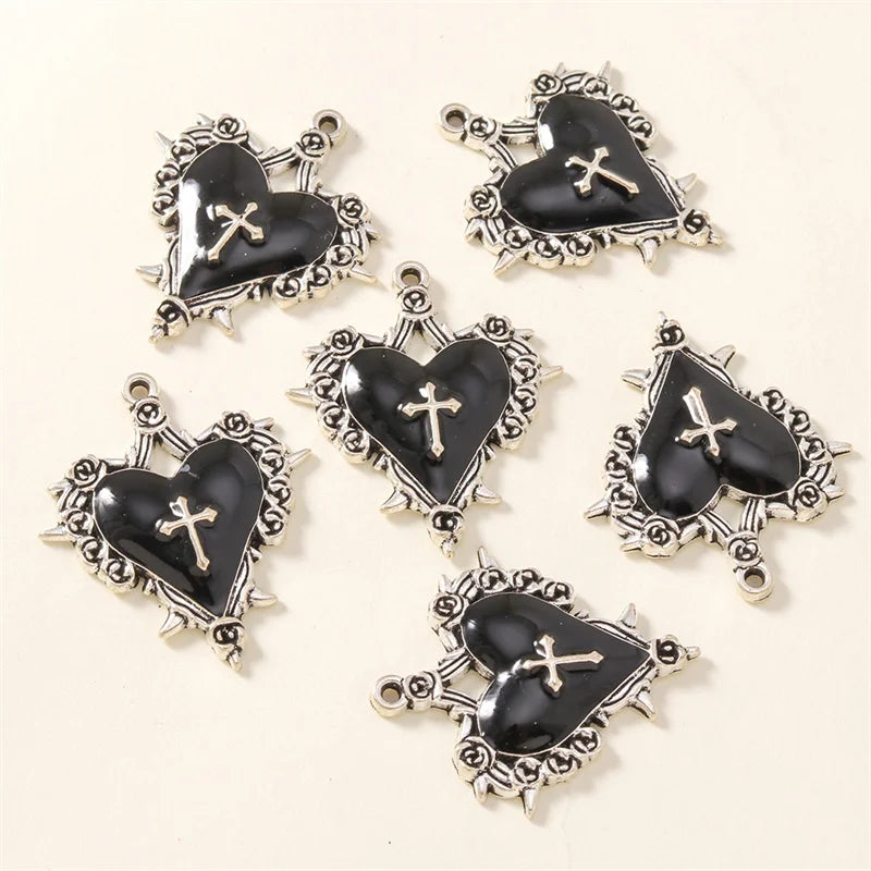 10pcs Enamel Steampunk Gothic Cross Heart Charms for Jewelry DIY Necklace & Earring Making