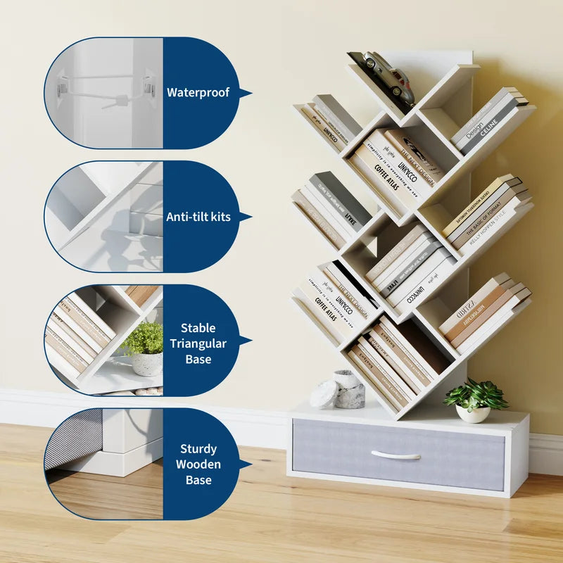 Tree Bookshelf with LED Lights 7-Tier Narrow Bookcase Storage Rack for Small Spaces