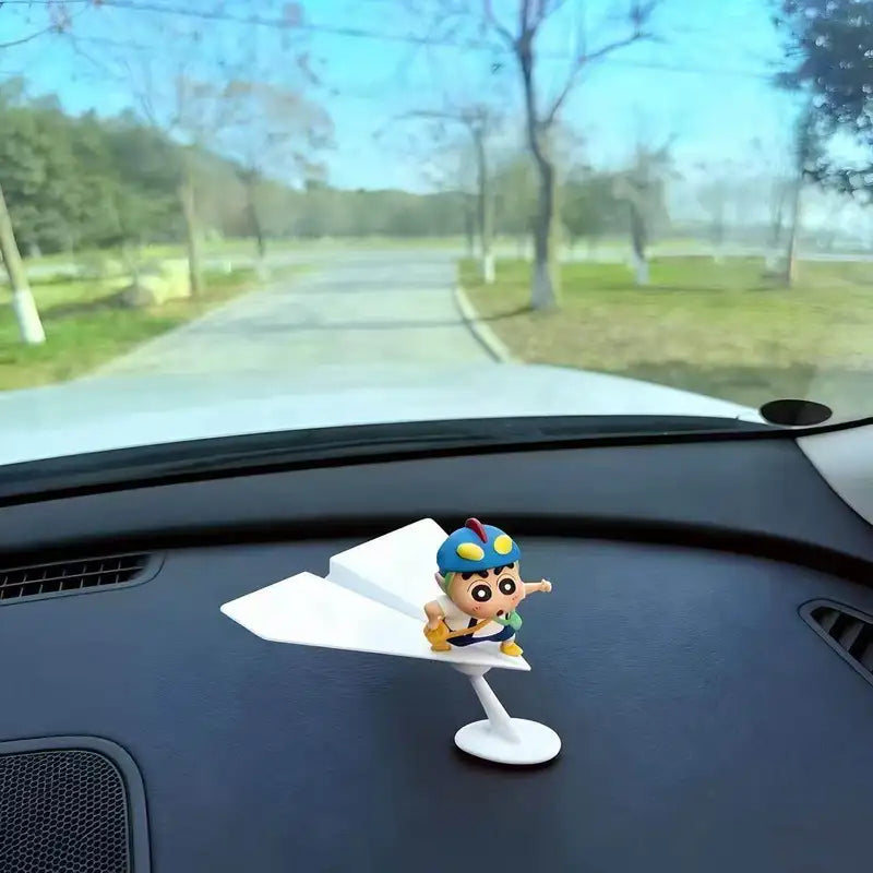 Anime Crayon Shin Chan Figure with Rotating Aircraft Car Dashboard Ornament Gift