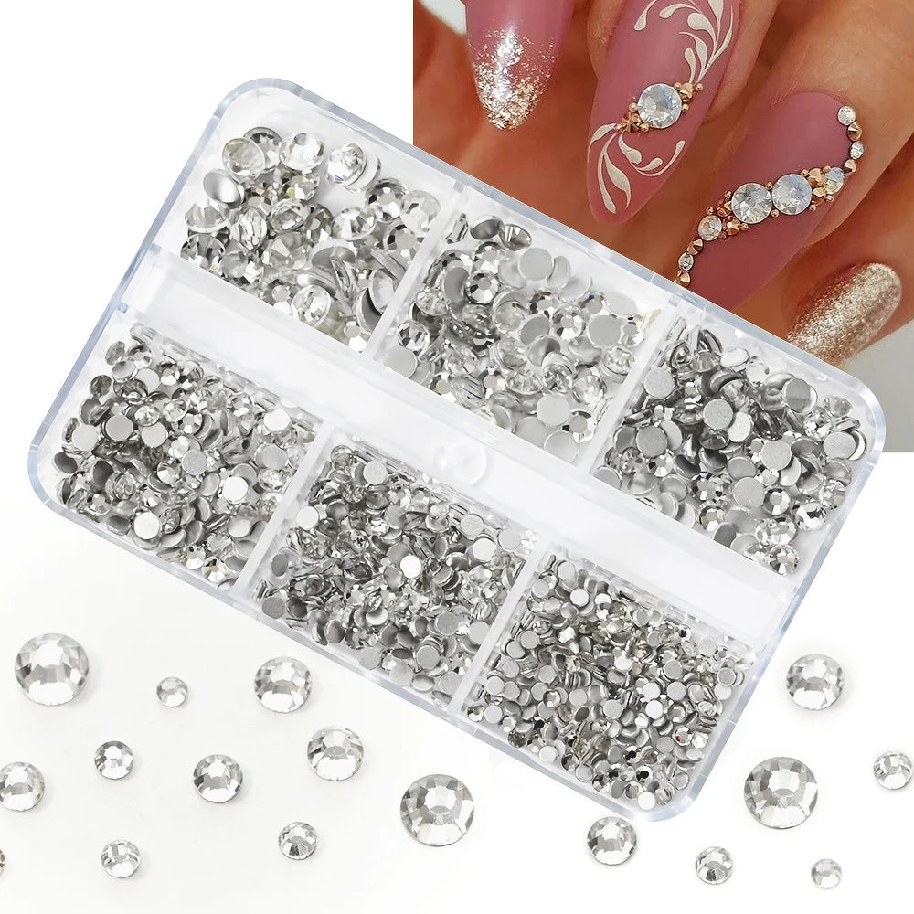 6 Grids Crystal Nail Art Rhinestones Set - Heart & Square Glass Gems for DIY Nails