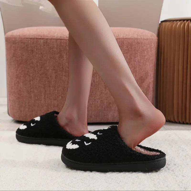 Halloween Bat Pattern Embroidered Plush Indoor Slippers - Non-Slip Warm Woolen Cotton Footwear for Men & Women