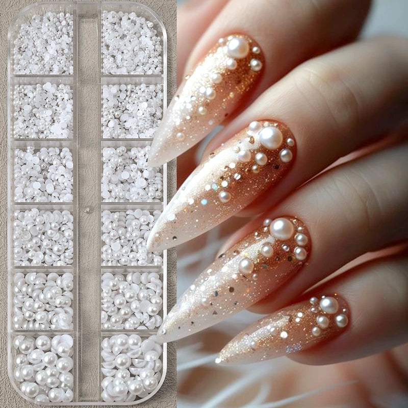 12-Grid 3D White Pearl Nail Charms Beads for Manicure & Nail Art Decoration