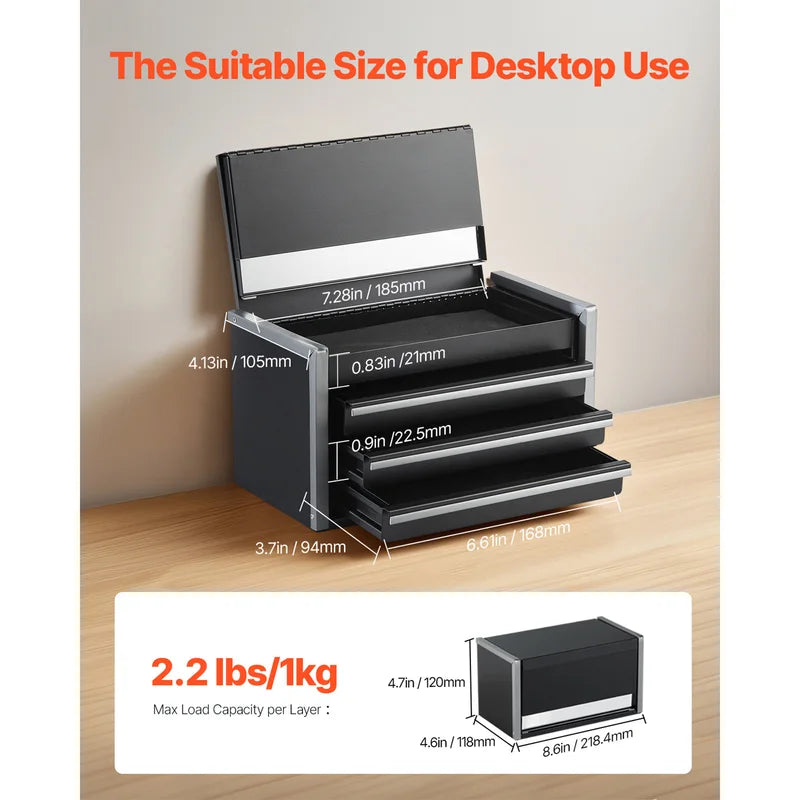 Mini Metal Tool Box with 3 Drawers and Top Compartment - Portable Storage Chest for Garage