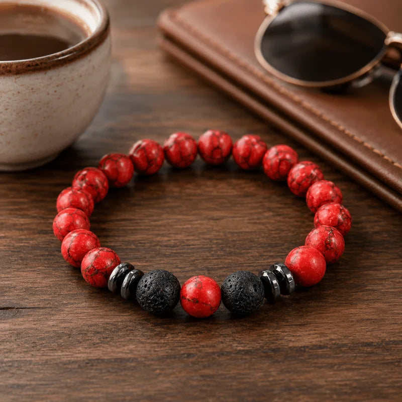 Red and Black Beaded Bracelet with Red Stone-Like Textures - Gift Ready