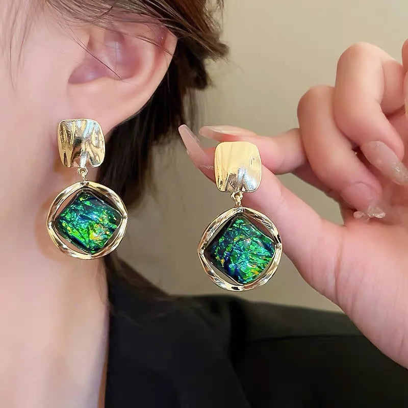 Gradient Green Square Pendant Earrings Geometric Dangle Jewelry for Women