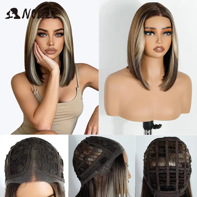 Synthetic Lace Front Wig for Women 12 Inch Ombre Brown Blonde Bob Cosplay Hair