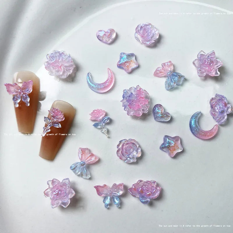 Luminous Nail Art Charms 50pcs Mix Aurora Flower Moon Star Heart Butterfly DIY Decorations