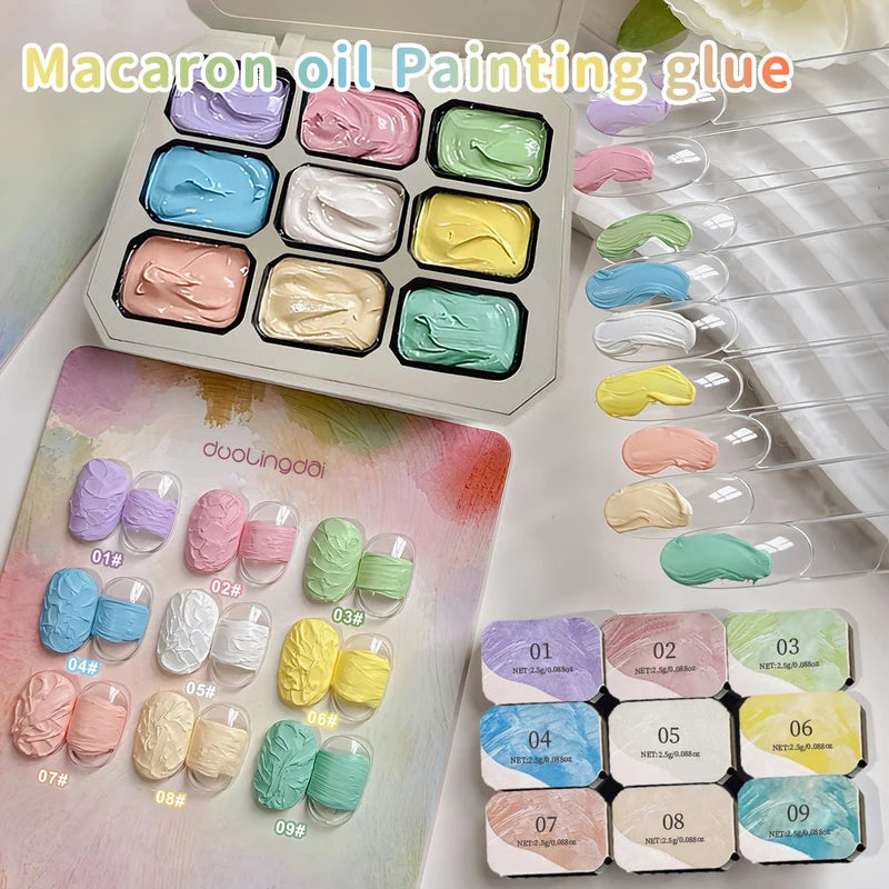 9-Grid Macaron Oil Painting Gel Set for Nails - Vibrant No Wipe Nail Polish