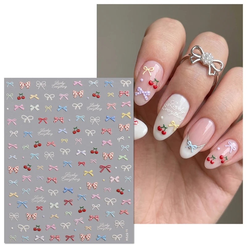 5D Embossed Bow & Cherry Nail Stickers - Textured Decals for DIY Manicure & Party
