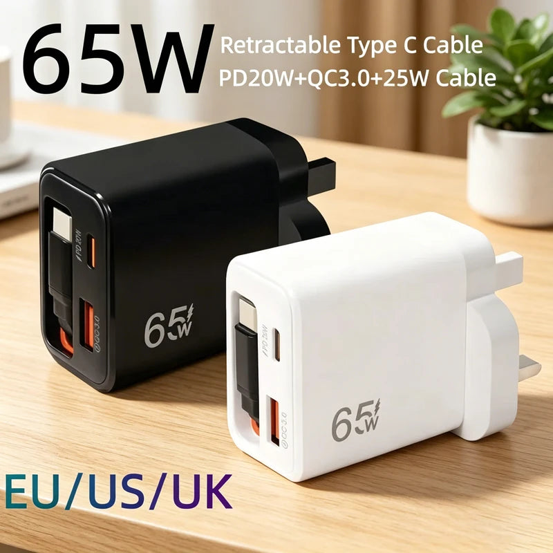 65W USB C Fast Wall Charger with Retractable Type-C Cable and Multi-Port PD QC3.0 Adapter
