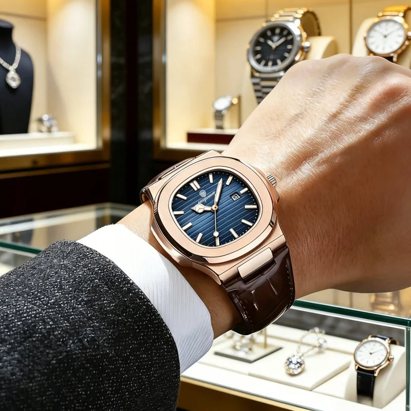 Luxury Square Men’s Quartz Wristwatch Waterproof Luminous Leather Strap