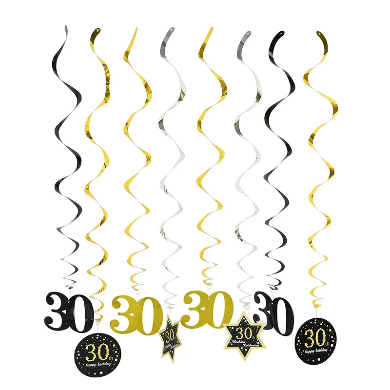8pcs Ceiling Hanging Decor Spiral Garland Party Decorations - Black & Gold