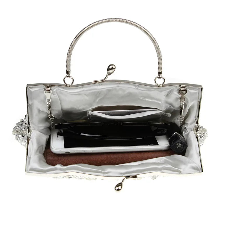 Women's Beaded Embroidered Small Evening Clutch Bag with Chain Shoulder Strap