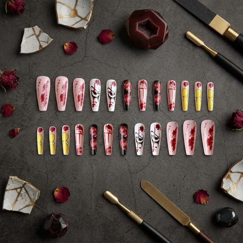 Frosted Long Fake Nails with Horror Blood Eye Design - Halloween Party Press On Nails Set
