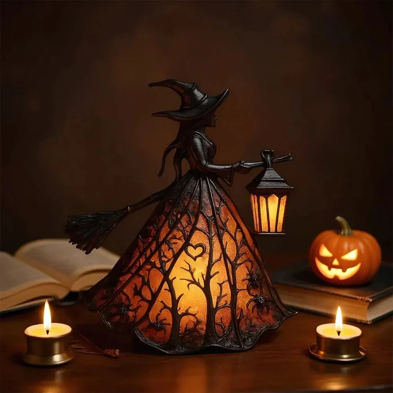 Halloween Witch Lantern LED Night Light Gothic Home Decor with Broom
