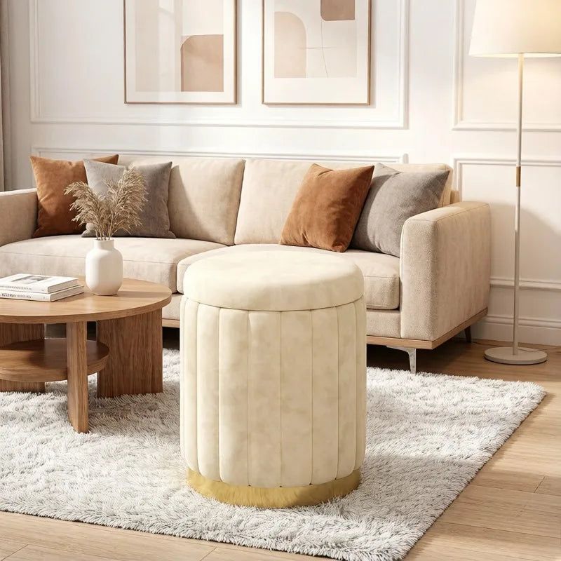 Multifunctional Round Storage Stool for Bedroom & Living Room Vanity