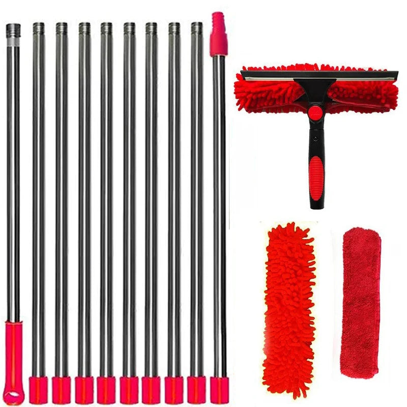 Extended Window Cleaning Kit with 2-in-1 Squeegee and Duster, 180° Swivel, Multiple Lengths