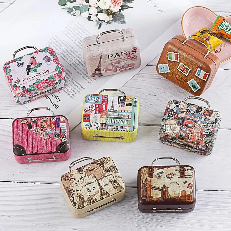 Mini Suitcase Candy Box Set - Rectangular Metal Food Storage Tin with Hinged Lid