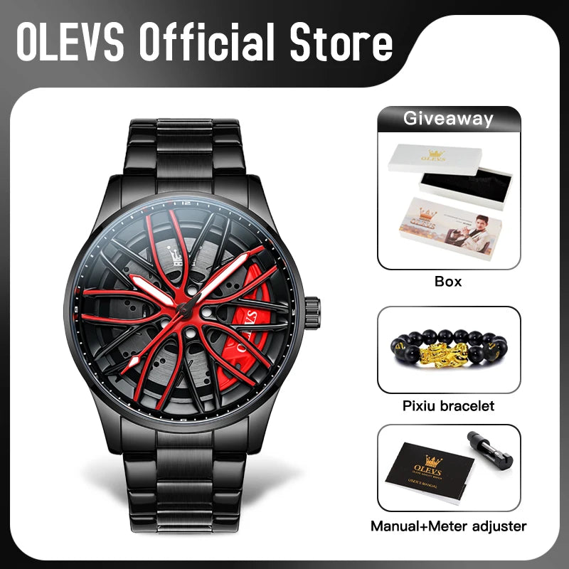 Men's Quartz Watch with Luminous Dial Waterproof Stainless Steel Rotatable Wheel Hub