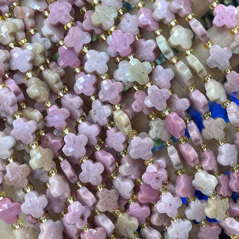 Natural Stone Faceted Clover Rhodonite Beads for Jewelry Making - Loose Spacer Beads
