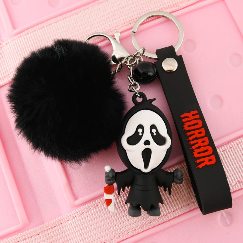 Creepy-Cute Ghost Keychain with Black Fur Ball Gothic Charm Halloween Accessory