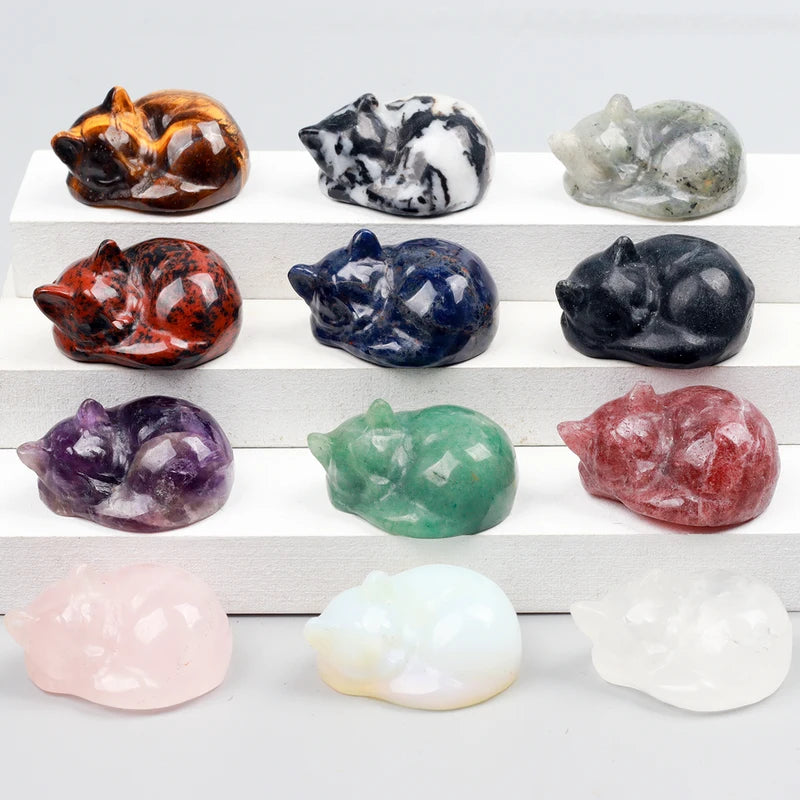 Crystal Energy Cat Figurines Set - Natural Stones Chakra Home Decor