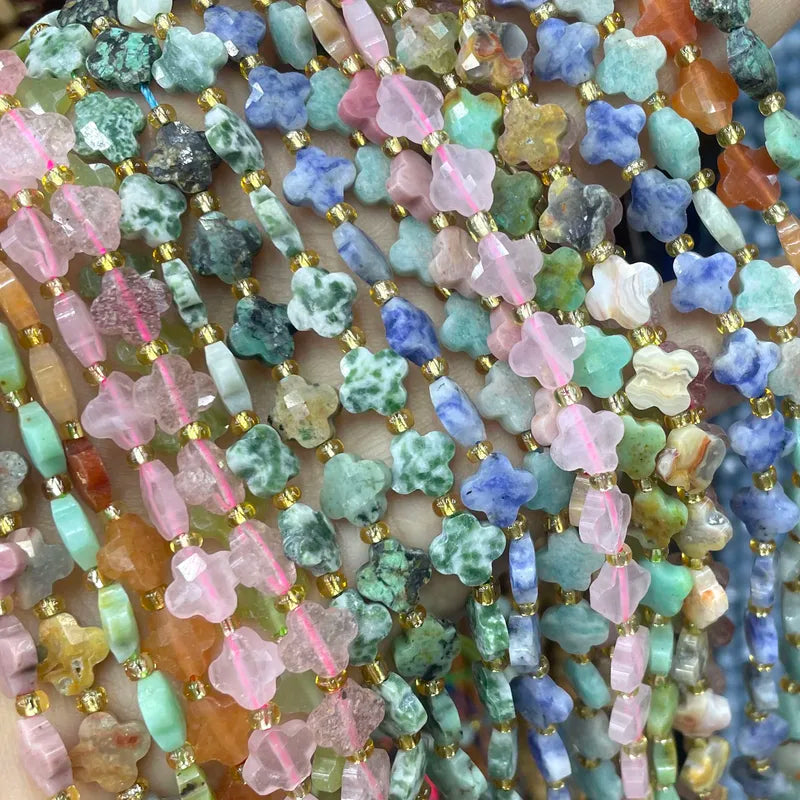 Natural Stone Faceted Clover Rhodonite Beads for Jewelry Making - Loose Spacer Beads