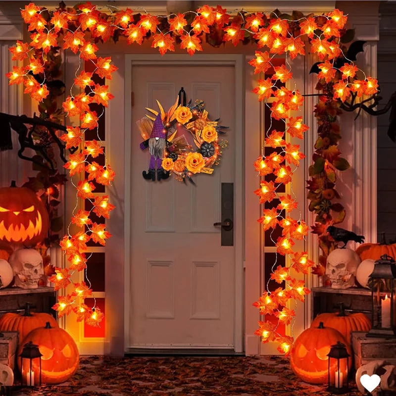 Halloween LED String Lights with Artificial Maple Leaves - Holiday Decor