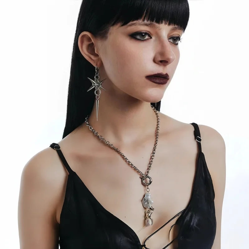 Gothic Stainless Steel Spike Hoop Earrings Long Dangle Punk Jewelry