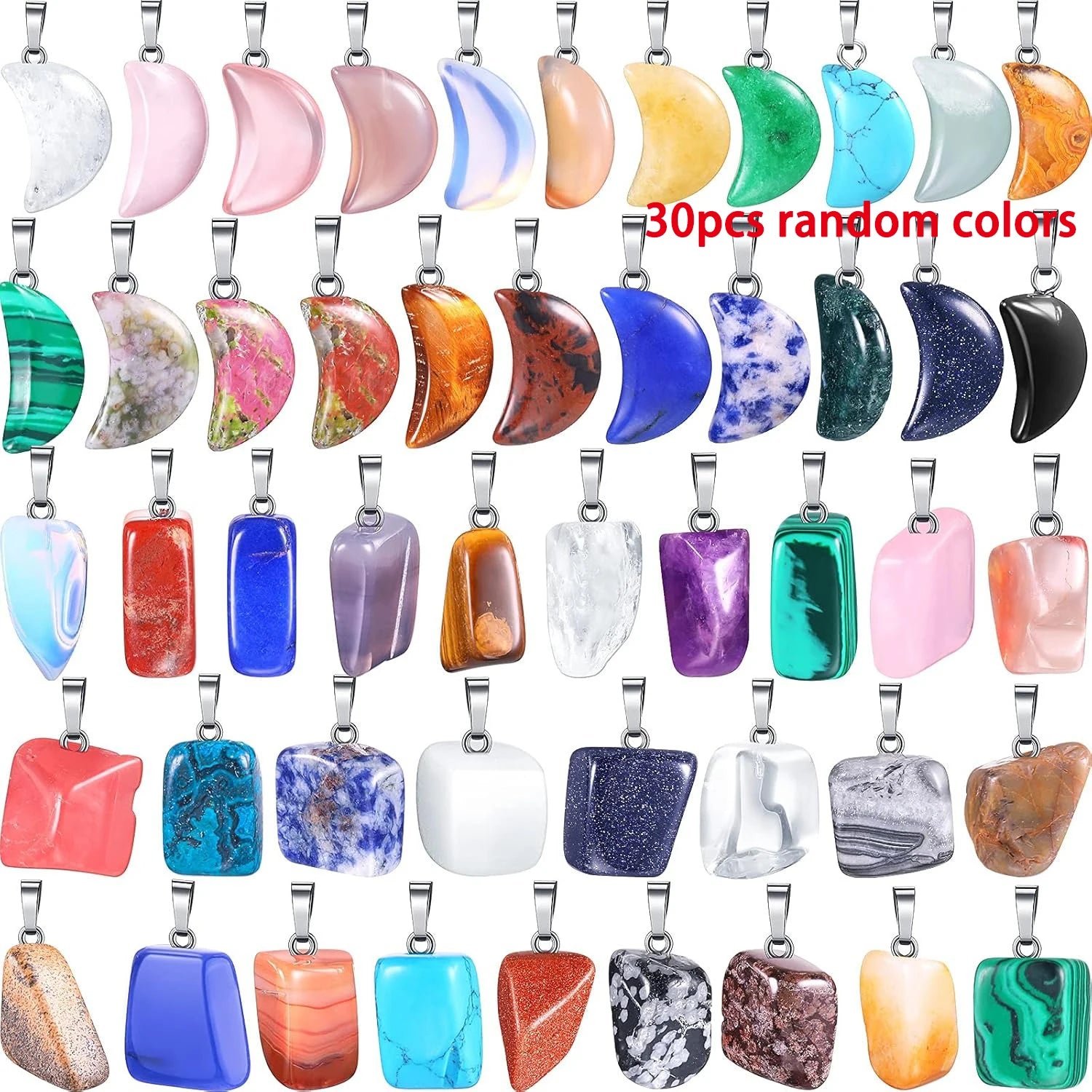 30 Pcs Crystal Gemstone Pendant Set Irregular Moon Shape Jewelry Charms
