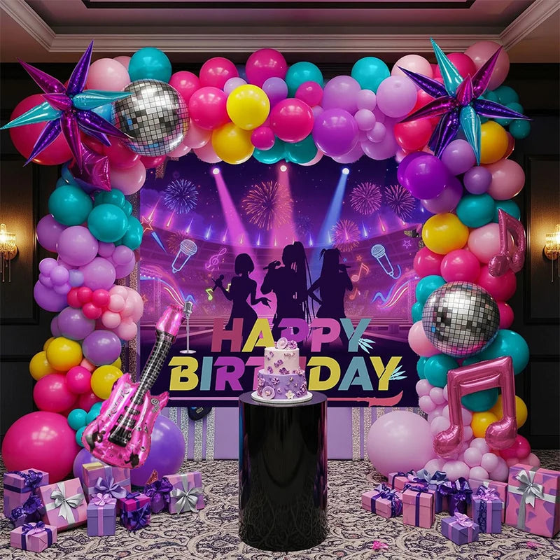 Kpop Music Hunter Birthday Decorations Party Supplies Pink Purple Teal Yellow Guitar Notes Star Disco Balloons