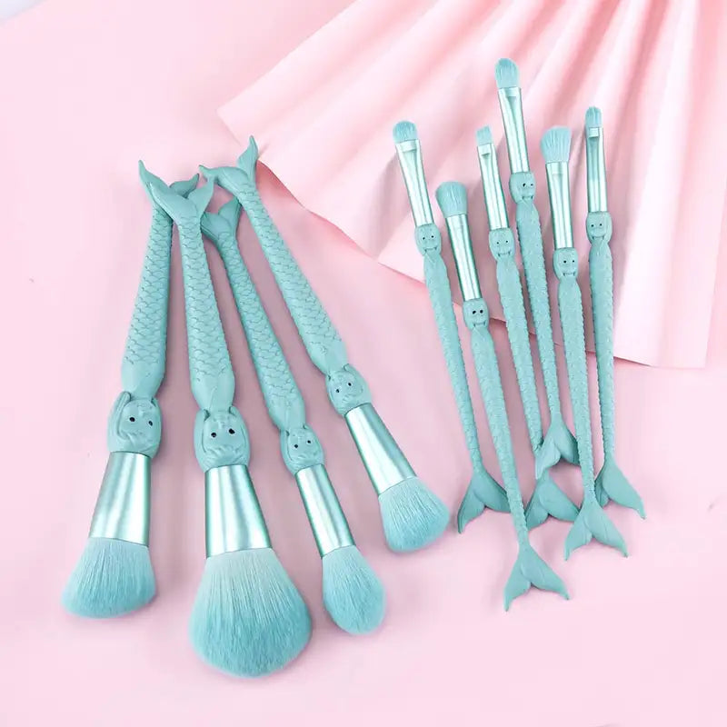10-Piece Mermaid Makeup Brush Set - Powder, Blush, Eye Shadow & Lip Tools