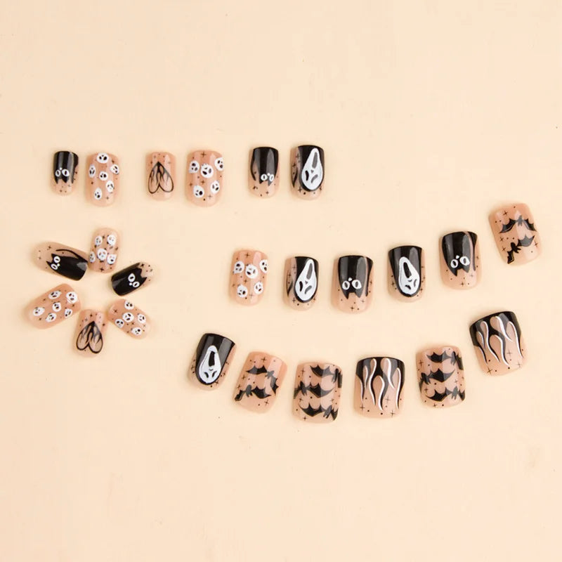 Halloween Skull Fake Nails 24 Pcs Full Coverage Press-On Nails Reusable False Nails for Women & Girls