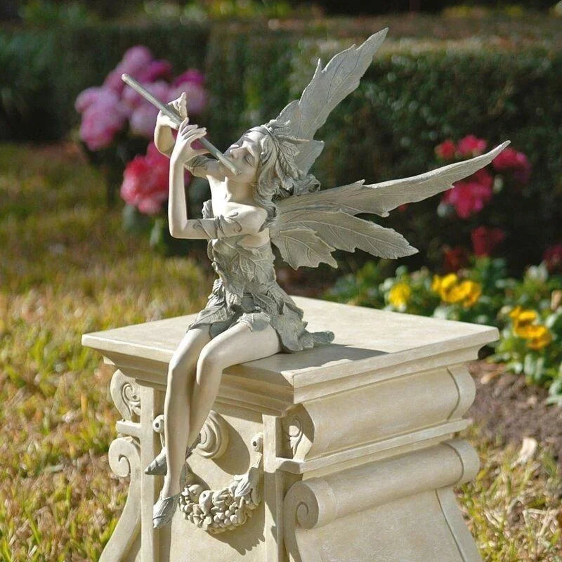 Fairy Garden Statue Playing Flute Resin Outdoor Lawn Decor - Hand Painted