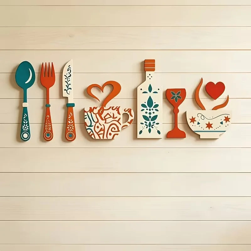 7-Piece Wooden Wall Decor Set with Fork, Cup & Wine Glass Patterns for Kitchen