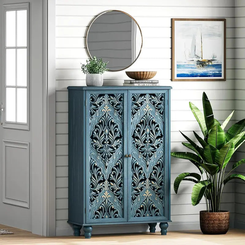 47-Inch Tall Accent Cabinet with Doors & Storage - Blue