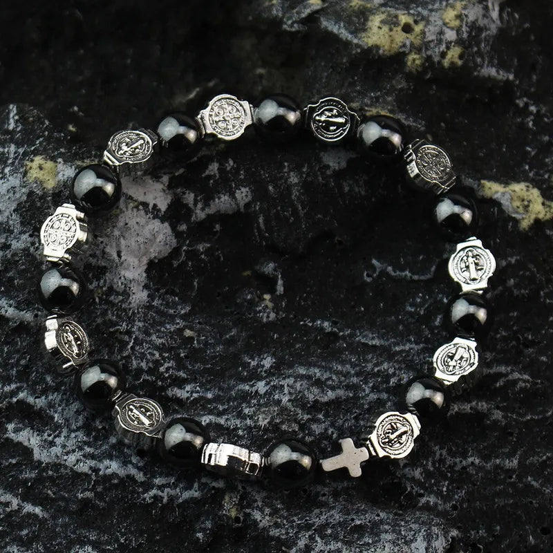 Catholic Rosary Bracelet with St. Benedict Medal Cross Prayer Jewelry Hematite Beads