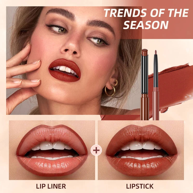 Waterproof Long Lasting Lipstick and Lip Liner Set - Matte, Nude & Red Shades