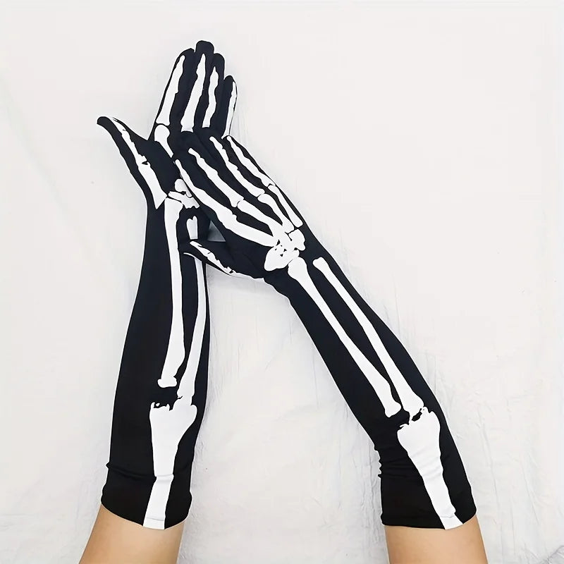 Halloween Skull Gloves Long Elastic Full Finger Costume Gloves