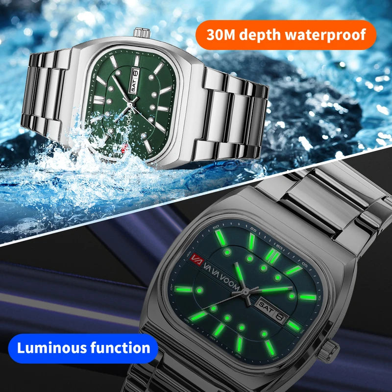 Men's 40mm Square Stainless Steel Quartz Watch - Waterproof Business & Sport Style