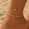 3-Pack Handmade Cross Chain Anklet with Eye-Shaped Crystal and Flower Decor Beach Jewelry
