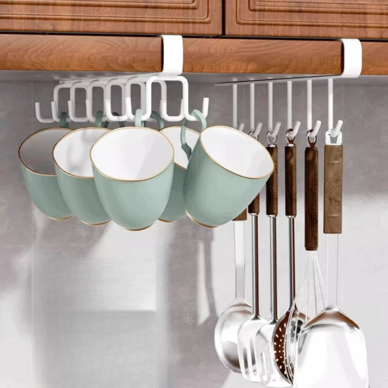 Kitchen Cabinet Bottom Shelf Hanging Hook - 6-Hook Cloth Organizer for Spatulas