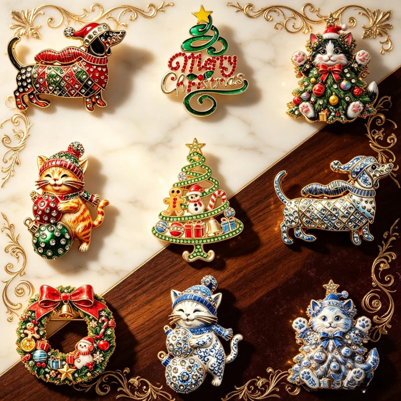 Luxury Christmas Dog and Cat Wreath Brooches - Holiday Animal Accessories
