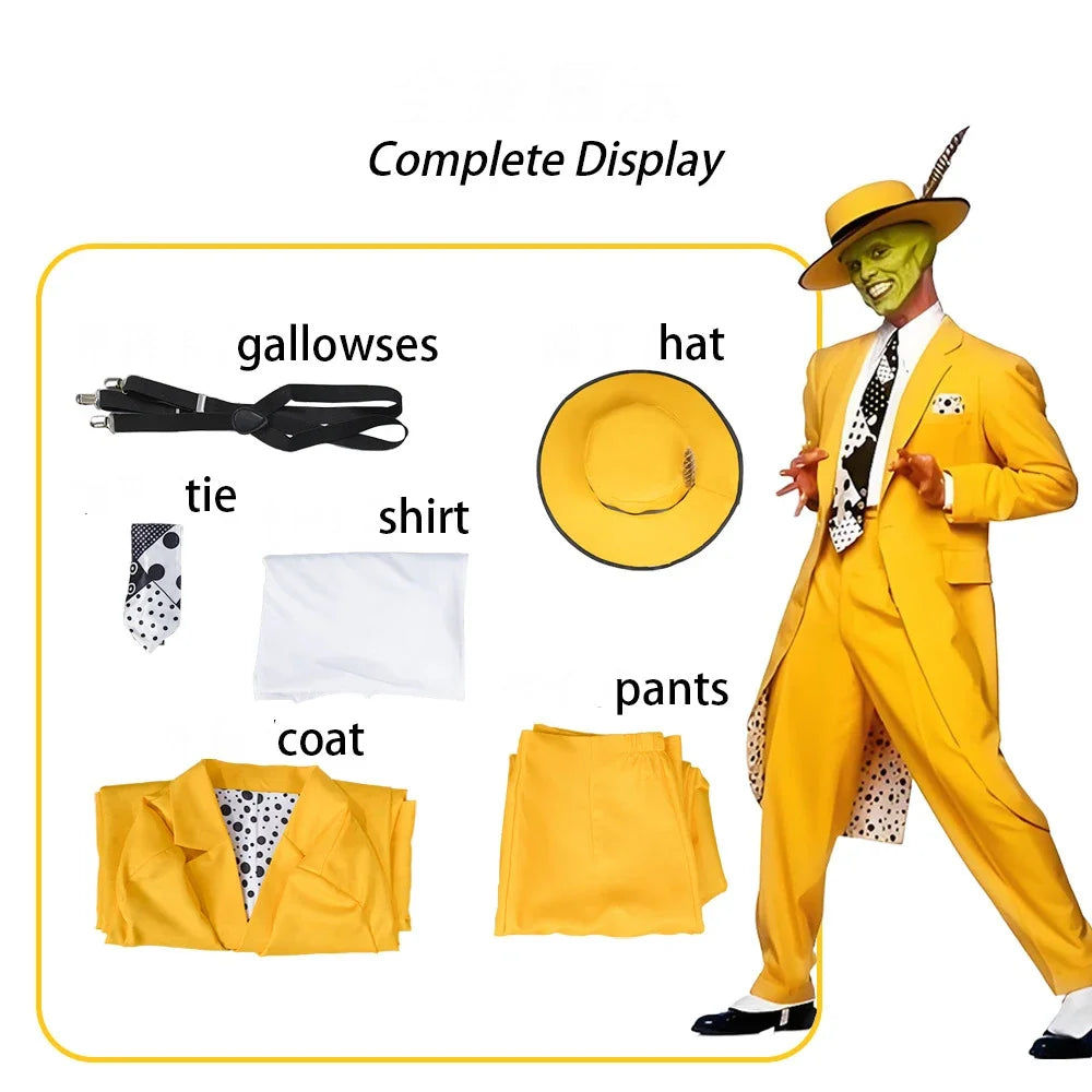 Anime Jim Carry Mask Man Costume Set - Yellow Long Suit Cosplay Halloween
