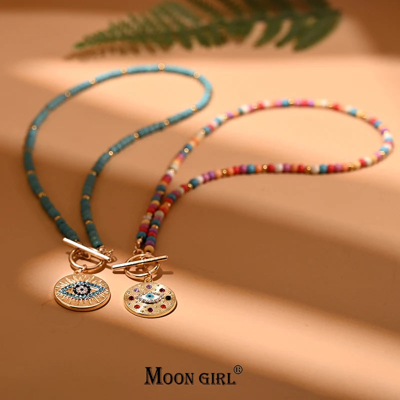 Colorful Stone Choker Necklace for Women Evil Charm Pendant Fashion Jewelry